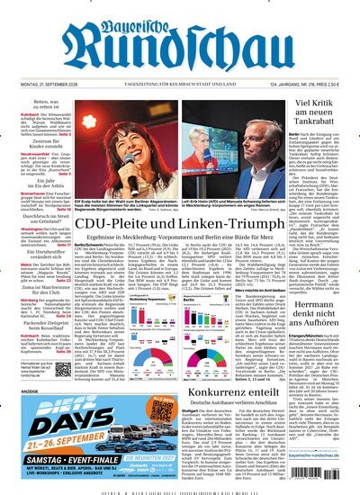 Titelbild der Ausgabe 218/2026 von Bayerische Rundschau. Diese Zeitschrift und viele weitere Zeitungsabos als Abo oder epaper bei United Kiosk online kaufen.