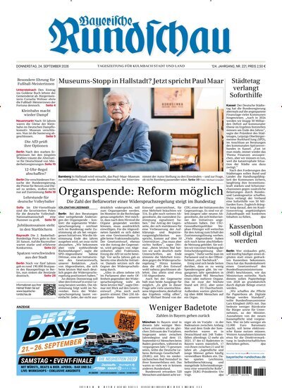 Titelbild der Ausgabe 221/2026 von Bayerische Rundschau. Diese Zeitschrift und viele weitere Zeitungsabos als Abo oder epaper bei United Kiosk online kaufen.