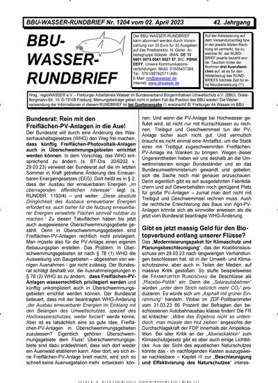 Titelbild der Ausgabe 204/2023 von BBU-Wasser Rundbrief. Diese Zeitschrift und viele weitere Naturzeitschriften, Landwirtschaftszeitungen und Umweltmagazine als Abo oder epaper bei United Kiosk online kaufen.