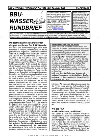 Titelbild der Ausgabe 240/2025 von BBU-Wasser Rundbrief. Diese Zeitschrift und viele weitere Naturzeitschriften, Landwirtschaftszeitungen und Umweltmagazine als Abo oder epaper bei United Kiosk online kaufen.