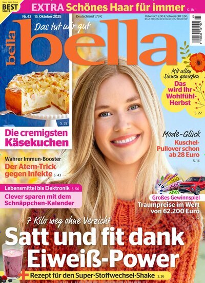 Titelbild der Ausgabe 43/2025 von bella. Diese Zeitschrift und viele weitere Frauenzeitschriften als Abo oder epaper bei United Kiosk online kaufen.