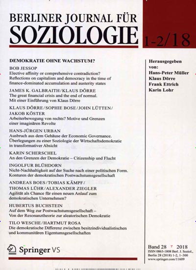 Berliner Journal für Soziologie aktuelles Titelbild Ausgabe 2/2018 Aktuelles Titelbild von Berliner Journal für Soziologie. In der Ausgabe 2/2018 geht es um die Themen: An den Grenzen der Demokratie - Citizenship und Flucht. Lesen Sie gerne Wissenschaftsmagazine? Dann empfehlen wir Ihnen Berliner Journal für Soziologie als Abo oder Geschenkabo.