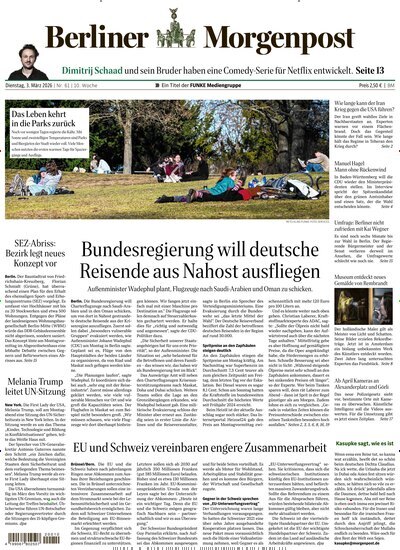 Titelbild der Ausgabe 61/2026 von Berliner Morgenpost. Diese Zeitschrift und viele weitere Zeitungsabos als Abo oder epaper bei United Kiosk online kaufen.