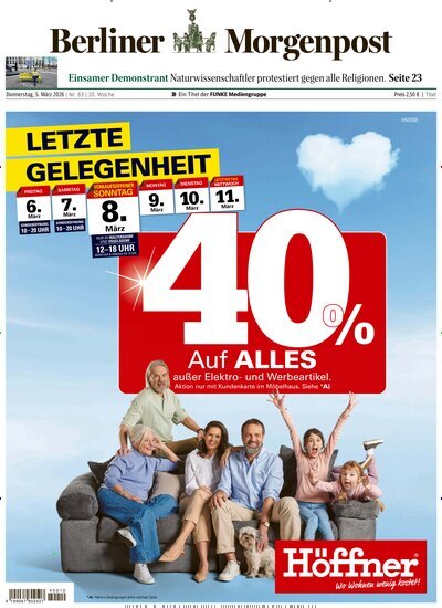 Titelbild der Ausgabe 63/2026 von Berliner Morgenpost. Diese Zeitschrift und viele weitere Zeitungsabos als Abo oder epaper bei United Kiosk online kaufen.