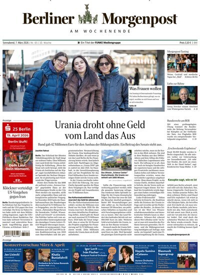 Titelbild der Ausgabe 65/2026 von Berliner Morgenpost. Diese Zeitschrift und viele weitere Zeitungsabos als Abo oder epaper bei United Kiosk online kaufen.