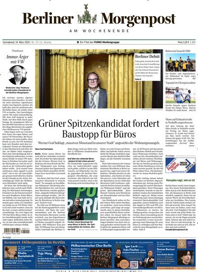 Titelbild der Ausgabe 72/2026 von Berliner Morgenpost. Diese Zeitschrift und viele weitere Zeitungsabos als Abo oder epaper bei United Kiosk online kaufen.