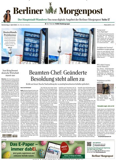 Titelbild der Ausgabe 91/2026 von Berliner Morgenpost. Diese Zeitschrift und viele weitere Zeitungsabos als Abo oder epaper bei United Kiosk online kaufen.