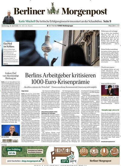 Titelbild der Ausgabe 103/2026 von Berliner Morgenpost. Diese Zeitschrift und viele weitere Zeitungsabos als Abo oder epaper bei United Kiosk online kaufen.