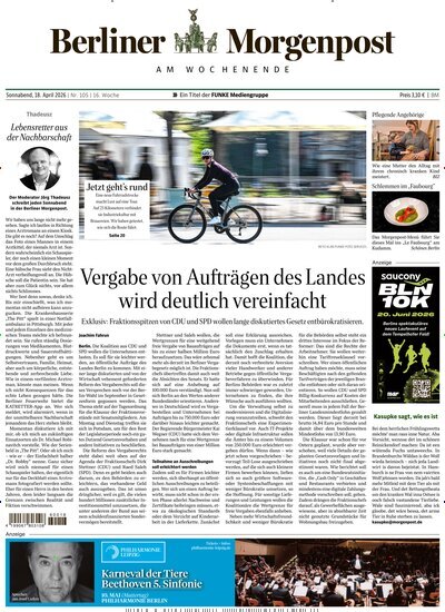 Titelbild der Ausgabe 105/2026 von Berliner Morgenpost. Diese Zeitschrift und viele weitere Zeitungsabos als Abo oder epaper bei United Kiosk online kaufen.