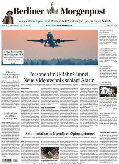Titelbild der Ausgabe 108/2026 von Berliner Morgenpost. Diese Zeitschrift und viele weitere Zeitungsabos als Abo oder epaper bei United Kiosk online kaufen.