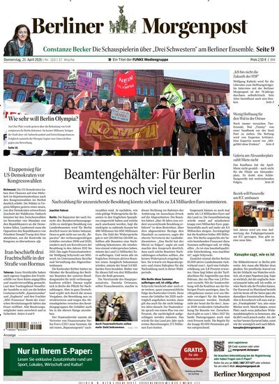 Titelbild der Ausgabe 110/2026 von Berliner Morgenpost. Diese Zeitschrift und viele weitere Zeitungsabos als Abo oder epaper bei United Kiosk online kaufen.