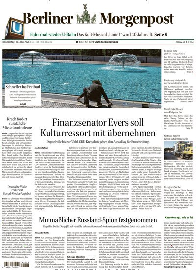 Titelbild der Ausgabe 117/2026 von Berliner Morgenpost. Diese Zeitschrift und viele weitere Zeitungsabos als Abo oder epaper bei United Kiosk online kaufen.