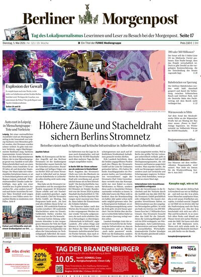 Titelbild der Ausgabe 121/2026 von Berliner Morgenpost. Diese Zeitschrift und viele weitere Zeitungsabos als Abo oder epaper bei United Kiosk online kaufen.
