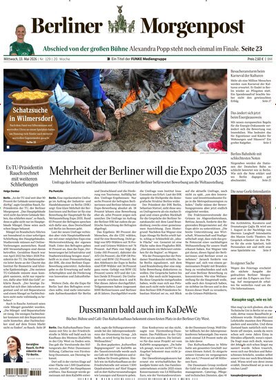 Titelbild der Ausgabe 129/2026 von Berliner Morgenpost. Diese Zeitschrift und viele weitere Zeitungsabos als Abo oder epaper bei United Kiosk online kaufen.