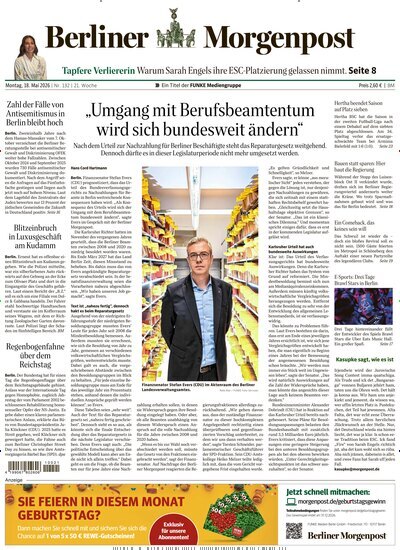 Titelbild der Ausgabe 133/2026 von Berliner Morgenpost. Diese Zeitschrift und viele weitere Zeitungsabos als Abo oder epaper bei United Kiosk online kaufen.