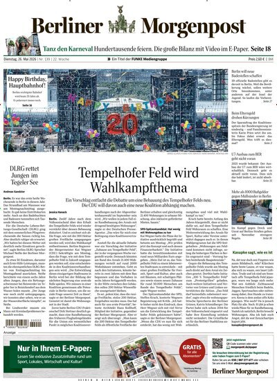 Titelbild der Ausgabe 140/2026 von Berliner Morgenpost. Diese Zeitschrift und viele weitere Zeitungsabos als Abo oder epaper bei United Kiosk online kaufen.
