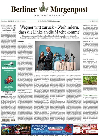 Titelbild der Ausgabe 186/2026 von Berliner Morgenpost. Diese Zeitschrift und viele weitere Zeitungsabos als Abo oder epaper bei United Kiosk online kaufen.