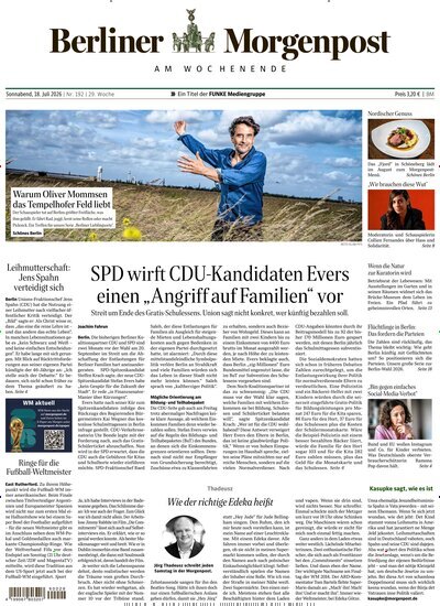 Titelbild der Ausgabe 193/2026 von Berliner Morgenpost. Diese Zeitschrift und viele weitere Zeitungsabos als Abo oder epaper bei United Kiosk online kaufen.
