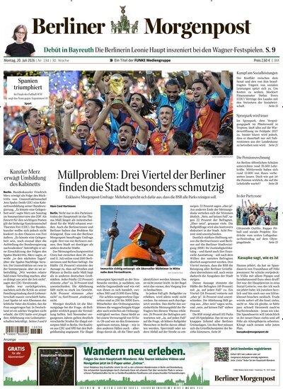 Titelbild der Ausgabe 195/2026 von Berliner Morgenpost. Diese Zeitschrift und viele weitere Zeitungsabos als Abo oder epaper bei United Kiosk online kaufen.