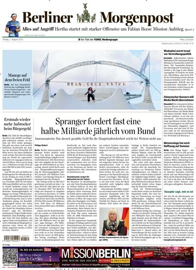 Titelbild der Ausgabe 198/2025 von Berliner Morgenpost. Diese Zeitschrift und viele weitere Zeitungsabos als Abo oder epaper bei United Kiosk online kaufen.