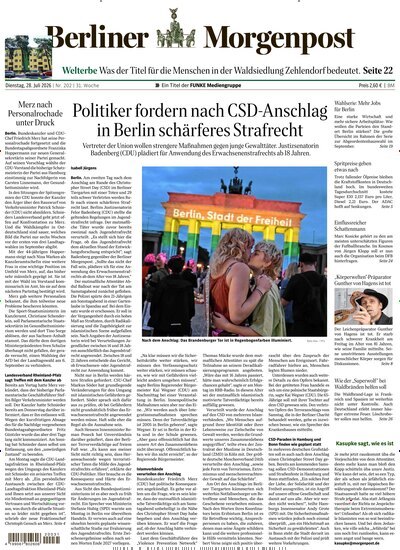 Titelbild der Ausgabe 203/2026 von Berliner Morgenpost. Diese Zeitschrift und viele weitere Zeitungsabos als Abo oder epaper bei United Kiosk online kaufen.