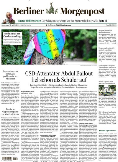 Titelbild der Ausgabe 205/2026 von Berliner Morgenpost. Diese Zeitschrift und viele weitere Zeitungsabos als Abo oder epaper bei United Kiosk online kaufen.