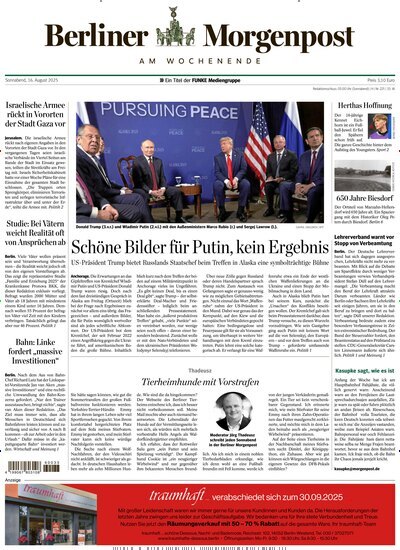 Titelbild der Ausgabe 211/2025 von Berliner Morgenpost. Diese Zeitschrift und viele weitere Zeitungsabos als Abo oder epaper bei United Kiosk online kaufen.