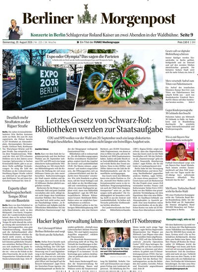 Titelbild der Ausgabe 226/2026 von Berliner Morgenpost. Diese Zeitschrift und viele weitere Zeitungsabos als Abo oder epaper bei United Kiosk online kaufen.