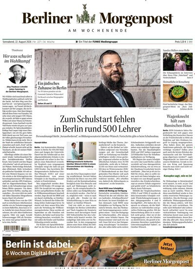 Titelbild der Ausgabe 228/2026 von Berliner Morgenpost. Diese Zeitschrift und viele weitere Zeitungsabos als Abo oder epaper bei United Kiosk online kaufen.