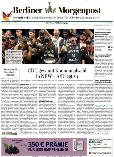 Titelbild der Ausgabe 236/2025 von Berliner Morgenpost. Diese Zeitschrift und viele weitere Zeitungsabos als Abo oder epaper bei United Kiosk online kaufen.