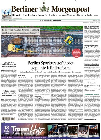 Titelbild der Ausgabe 239/2025 von Berliner Morgenpost. Diese Zeitschrift und viele weitere Zeitungsabos als Abo oder epaper bei United Kiosk online kaufen.