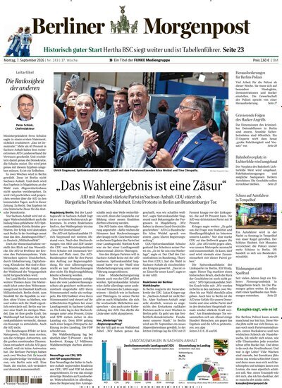 Titelbild der Ausgabe 244/2026 von Berliner Morgenpost. Diese Zeitschrift und viele weitere Zeitungsabos als Abo oder epaper bei United Kiosk online kaufen.