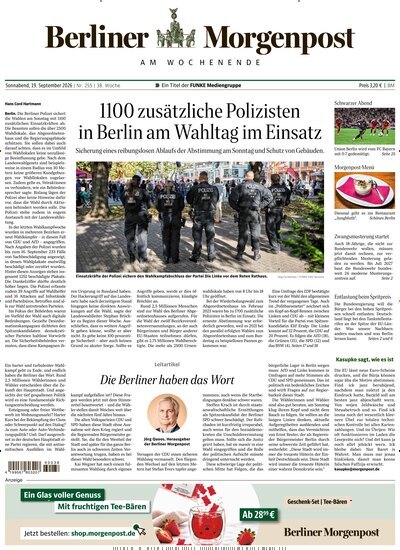 Titelbild der Ausgabe 256/2026 von Berliner Morgenpost. Diese Zeitschrift und viele weitere Zeitungsabos als Abo oder epaper bei United Kiosk online kaufen.