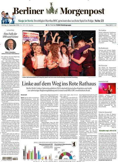 Titelbild der Ausgabe 258/2026 von Berliner Morgenpost. Diese Zeitschrift und viele weitere Zeitungsabos als Abo oder epaper bei United Kiosk online kaufen.