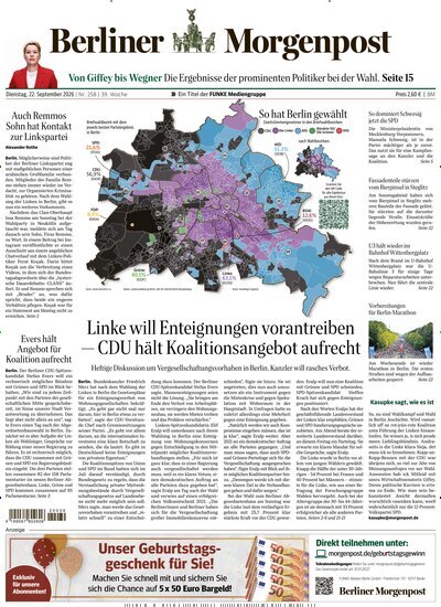 Titelbild der Ausgabe 259/2026 von Berliner Morgenpost. Diese Zeitschrift und viele weitere Zeitungsabos als Abo oder epaper bei United Kiosk online kaufen.