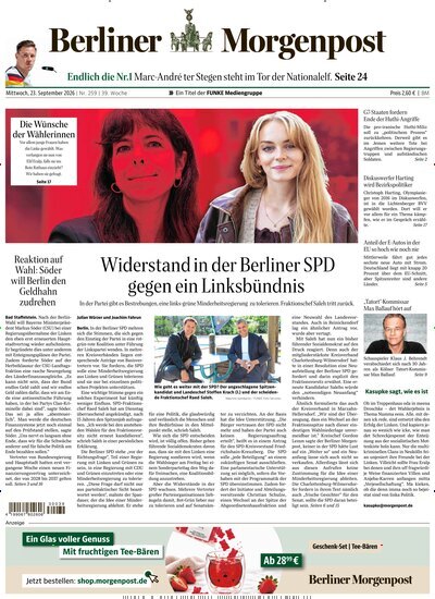 Titelbild der Ausgabe 260/2026 von Berliner Morgenpost. Diese Zeitschrift und viele weitere Zeitungsabos als Abo oder epaper bei United Kiosk online kaufen.