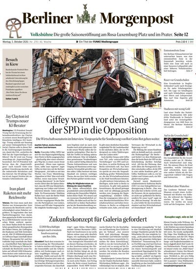 Titelbild der Ausgabe 271/2026 von Berliner Morgenpost. Diese Zeitschrift und viele weitere Zeitungsabos als Abo oder epaper bei United Kiosk online kaufen.