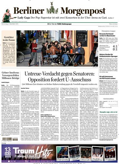 Titelbild der Ausgabe 280/2025 von Berliner Morgenpost. Diese Zeitschrift und viele weitere Zeitungsabos als Abo oder epaper bei United Kiosk online kaufen.