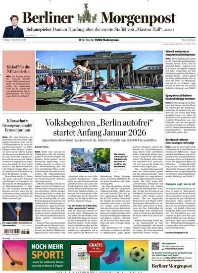 Titelbild der Ausgabe 281/2025 von Berliner Morgenpost. Diese Zeitschrift und viele weitere Zeitungsabos als Abo oder epaper bei United Kiosk online kaufen.