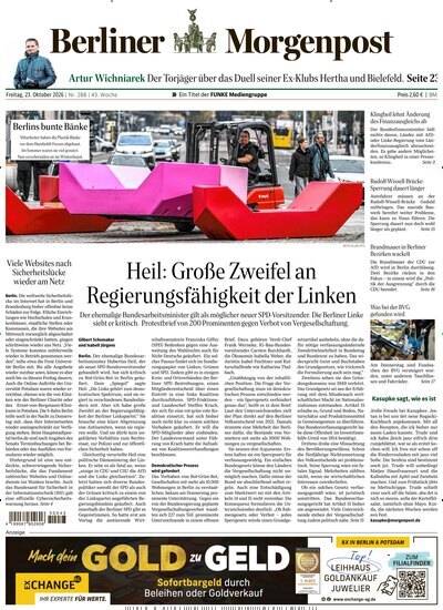 Titelbild der Ausgabe 289/2026 von Berliner Morgenpost. Diese Zeitschrift und viele weitere Zeitungsabos als Abo oder epaper bei United Kiosk online kaufen.