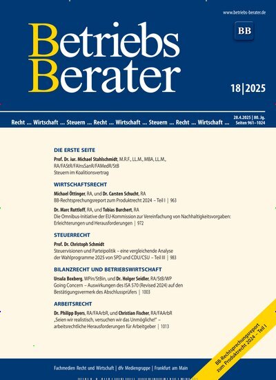 Titelbild der Ausgabe 18/2025 von Betriebs-Berater. Diese Zeitschrift und viele weitere Businessmagazine als Abo oder epaper bei United Kiosk online kaufen.