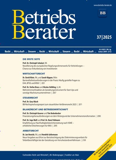 Titelbild der Ausgabe 37/2025 von Betriebs-Berater. Diese Zeitschrift und viele weitere Businessmagazine als Abo oder epaper bei United Kiosk online kaufen.