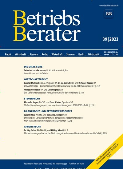 Titelbild der Ausgabe 39/2023 von Betriebs-Berater. Diese Zeitschrift und viele weitere Businessmagazine als Abo oder epaper bei United Kiosk online kaufen.