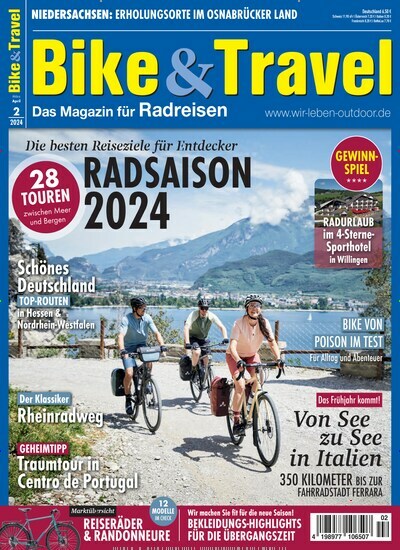 Titelbild der Ausgabe 2/2024 von Bike & Travel. Diese Zeitschrift und viele weitere Sportmagazine als Abo oder epaper bei United Kiosk online kaufen.