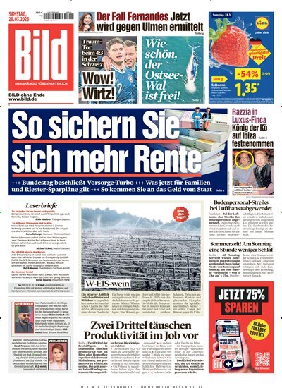Titelbild der Ausgabe 74/2026 von BILD. Diese Zeitschrift und viele weitere Zeitungsabos als Abo oder epaper bei United Kiosk online kaufen.