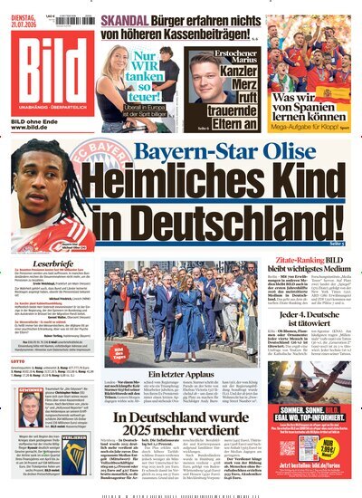 Titelbild der Ausgabe 167/2026 von BILD. Diese Zeitschrift und viele weitere Zeitungsabos als Abo oder epaper bei United Kiosk online kaufen.