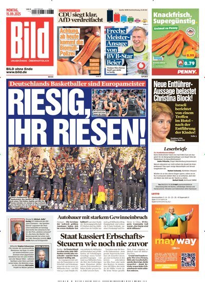 Titelbild der Ausgabe 215/2025 von BILD. Diese Zeitschrift und viele weitere Zeitungsabos als Abo oder epaper bei United Kiosk online kaufen.