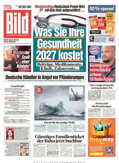 Titelbild der Ausgabe 250/2026 von BILD. Diese Zeitschrift und viele weitere Zeitungsabos als Abo oder epaper bei United Kiosk online kaufen.