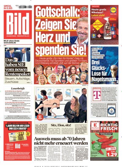 Titelbild der Ausgabe 285/2025 von BILD. Diese Zeitschrift und viele weitere Zeitungsabos als Abo oder epaper bei United Kiosk online kaufen.