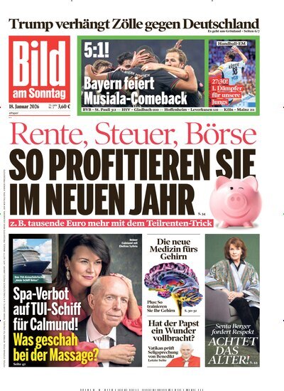 Titelbild der Ausgabe 3/2026 von Bild am Sonntag Gesamtausgabe. Diese Zeitschrift und viele weitere Zeitungsabos als Abo oder epaper bei United Kiosk online kaufen.